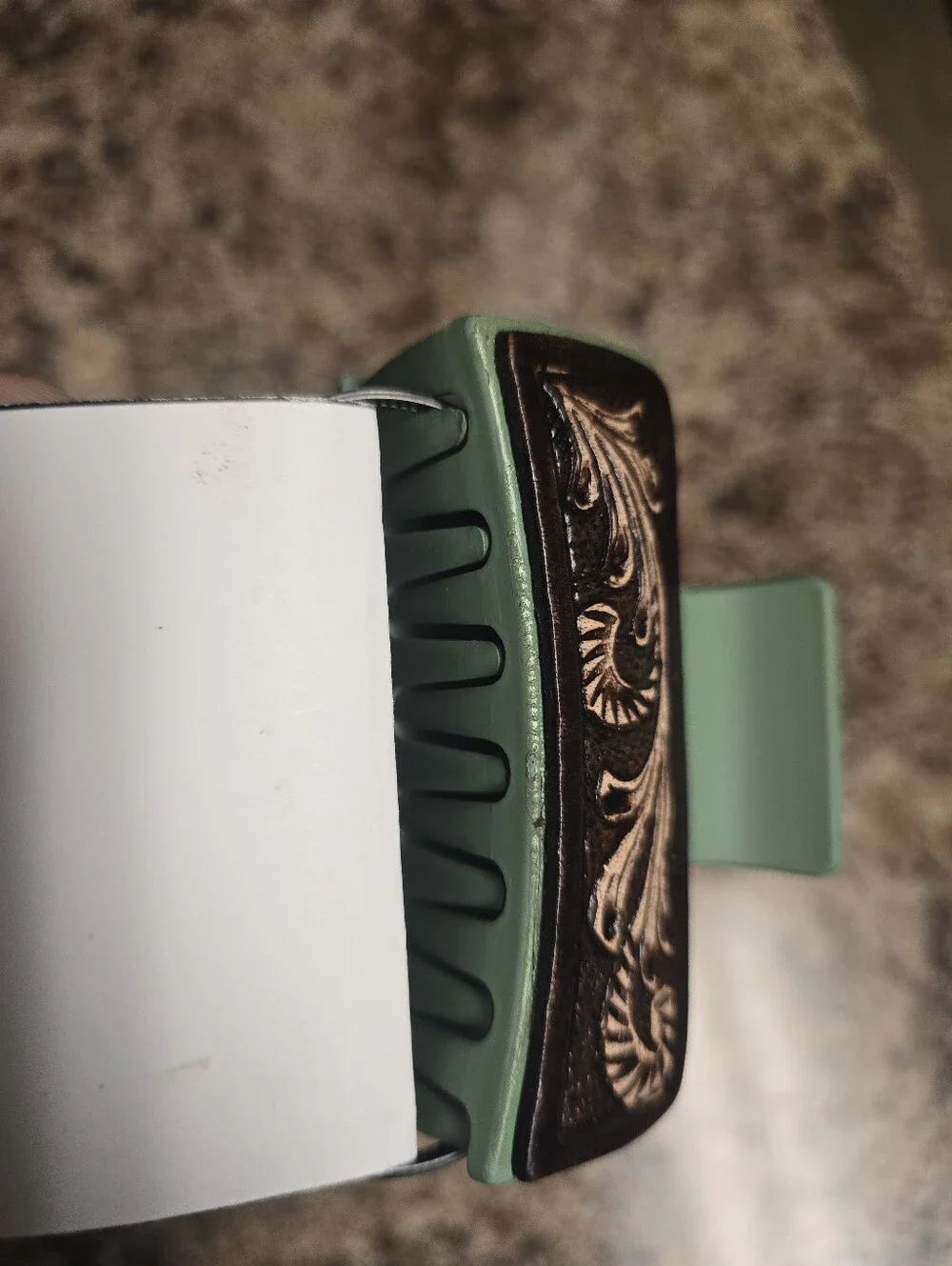 Leather Tooled Hair Claw Clip - Green with Brown Tooled Accent